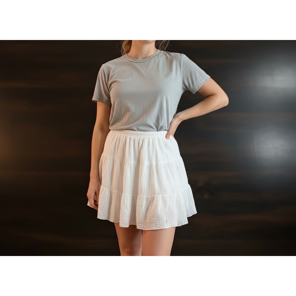 Sol & Spa White Tiered Gauze Mini Skirt Elastic Waist Ruffle Summer Boho L/XL‎